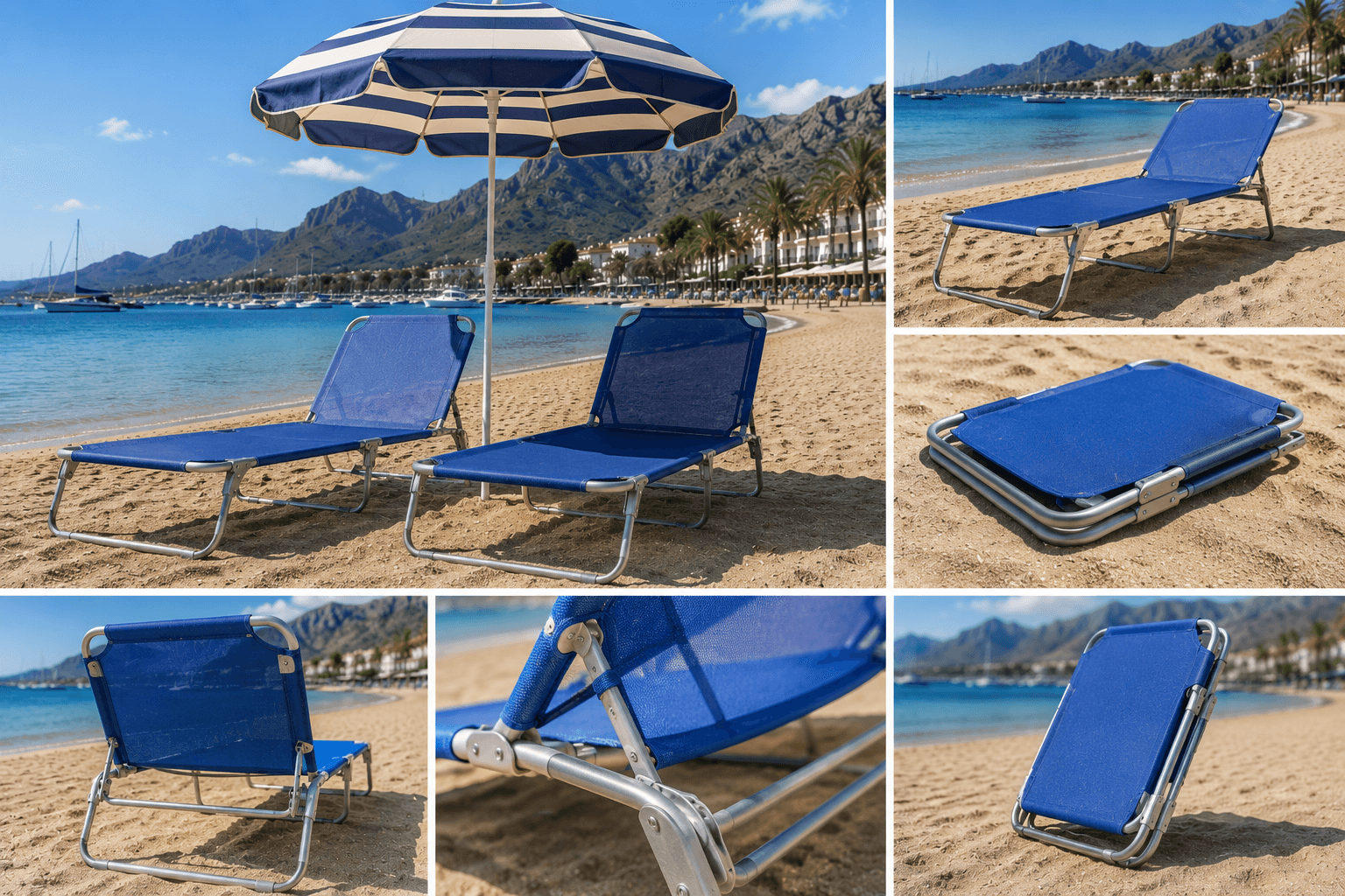 Blue sunbed + striped parasol — Port de Pollença